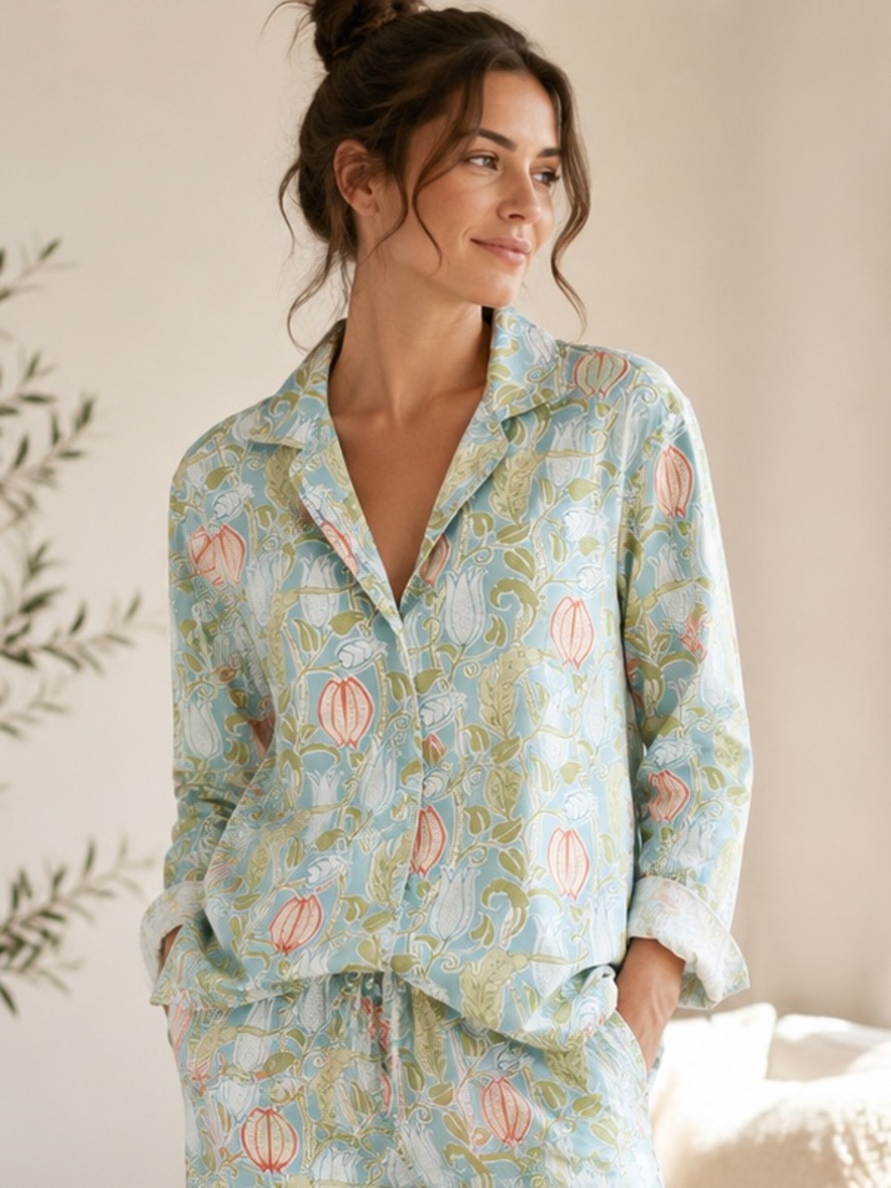 Needham Lane Cotton Pajama Top L/S Blue Green Orange Floral Tulip Print Lounge S
